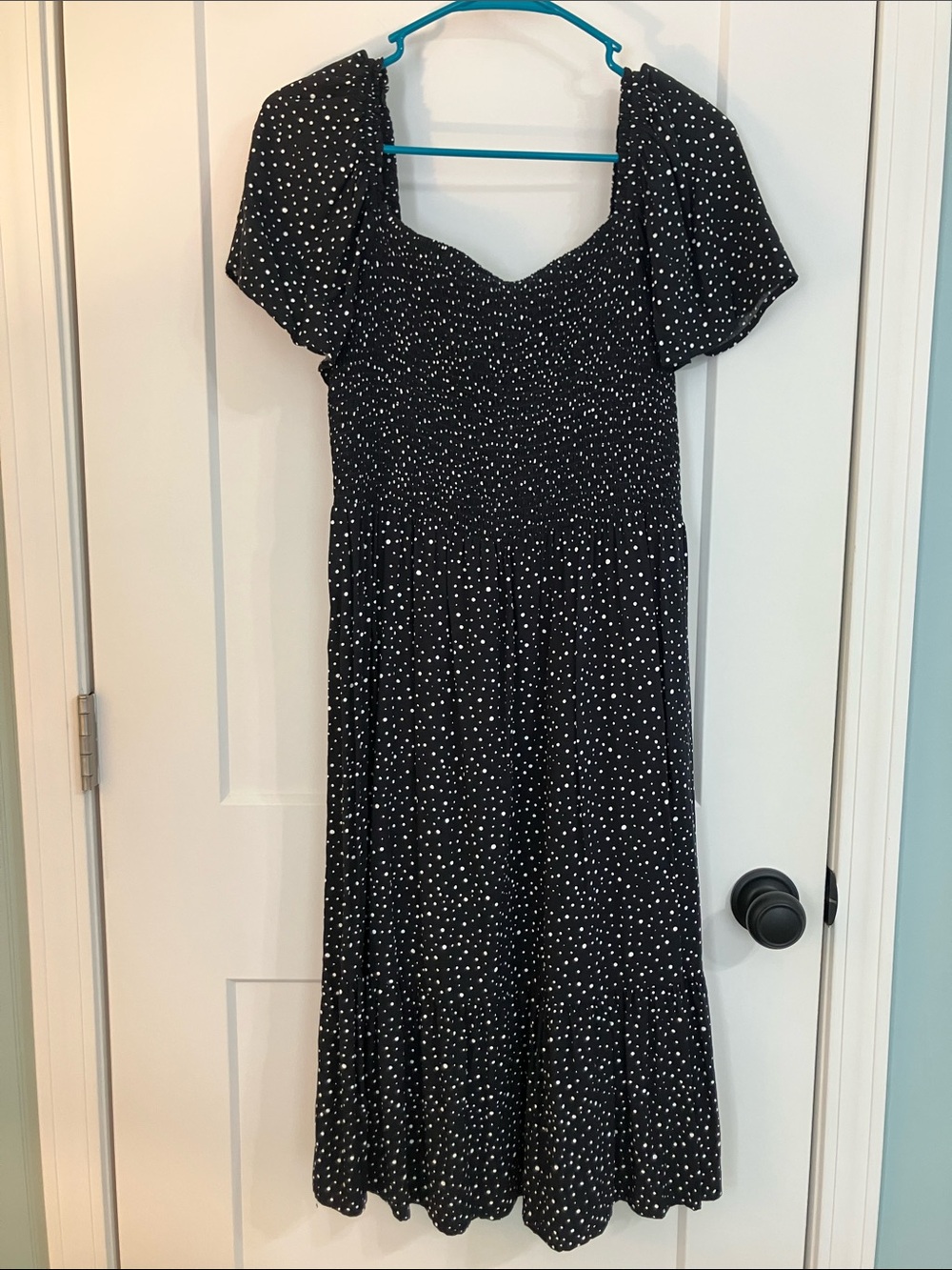 Black Polka Dot Midi Dress with Smocked Top